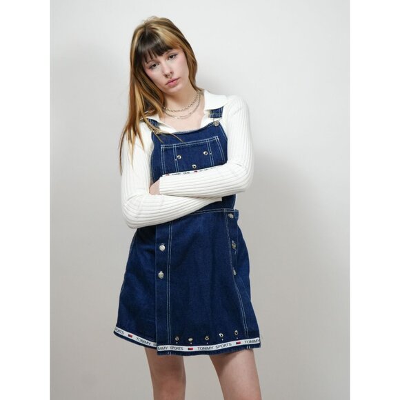 Vintage 90s Tommy Hilfiger Gear Denim Shorts Overalls - Picture 1 of 5